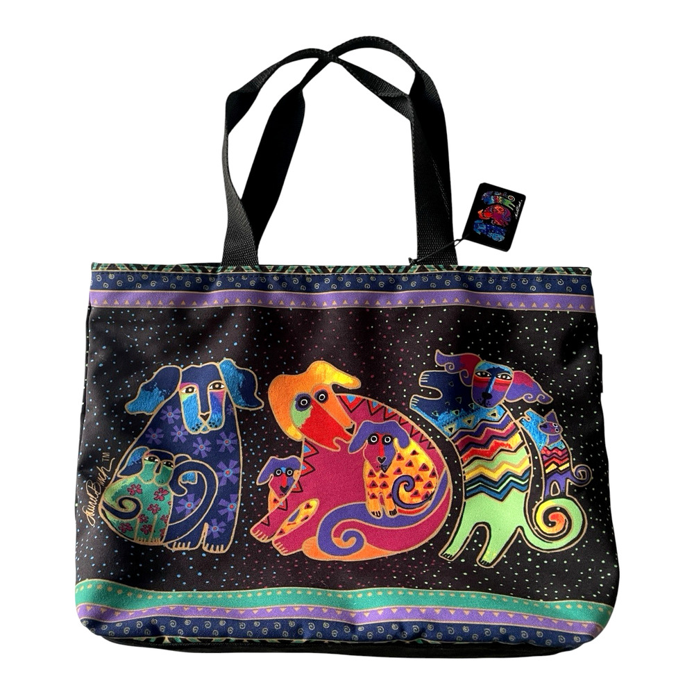 LAUREL BURCH Dogs and Doggies Black Multicolor Canvas Art-To-Wear Tote Bag Logo